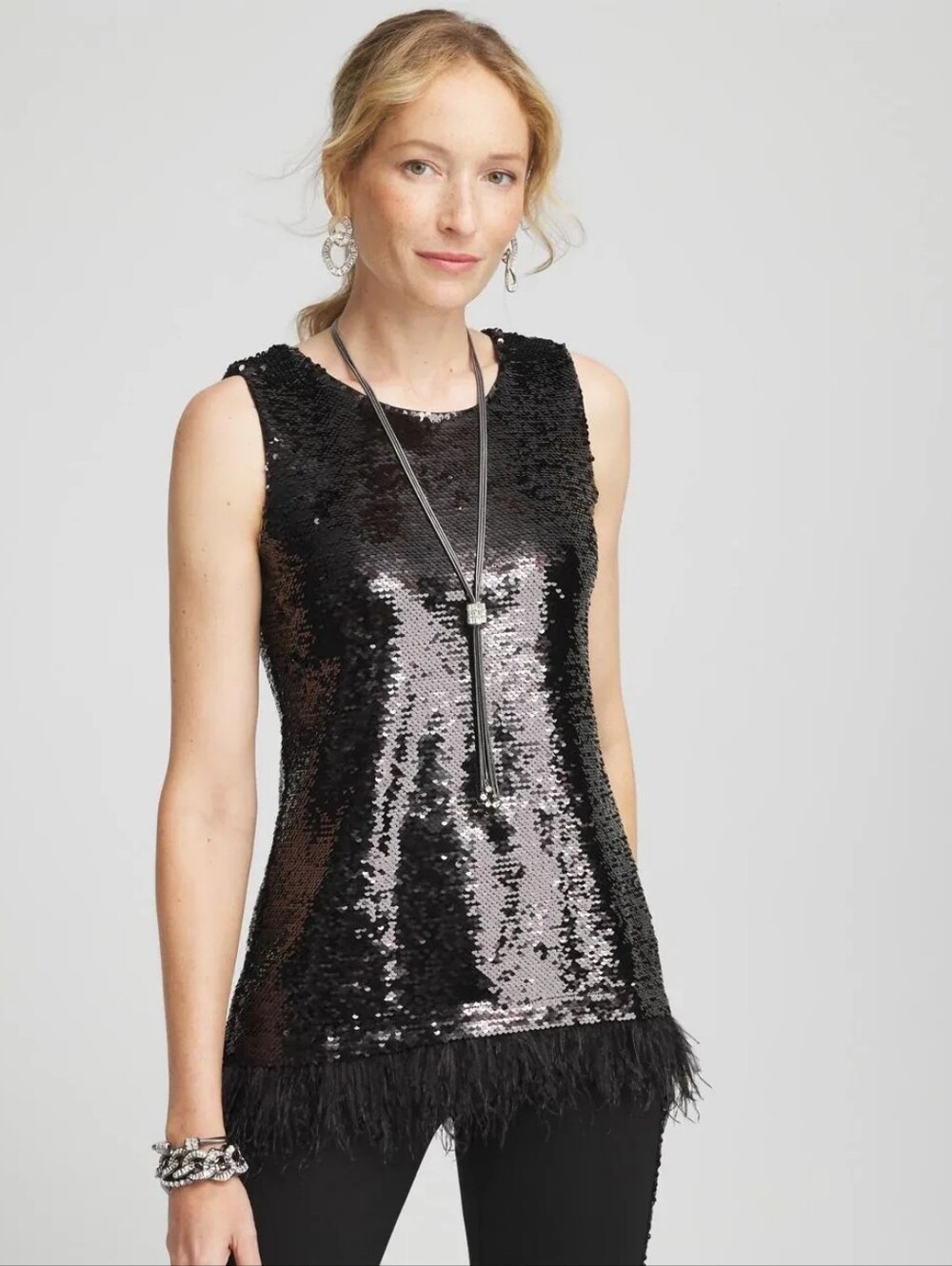 Chico's Black Sequin Party Knit Tank Top Feather Hem Women's Size 4 2XL